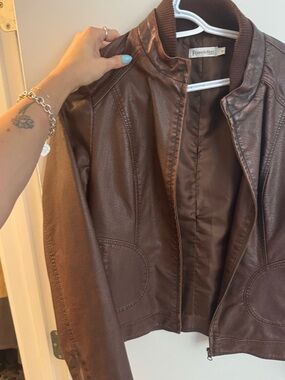 Revolution Women's Dark Brown Faux Leather Bomber Jacket